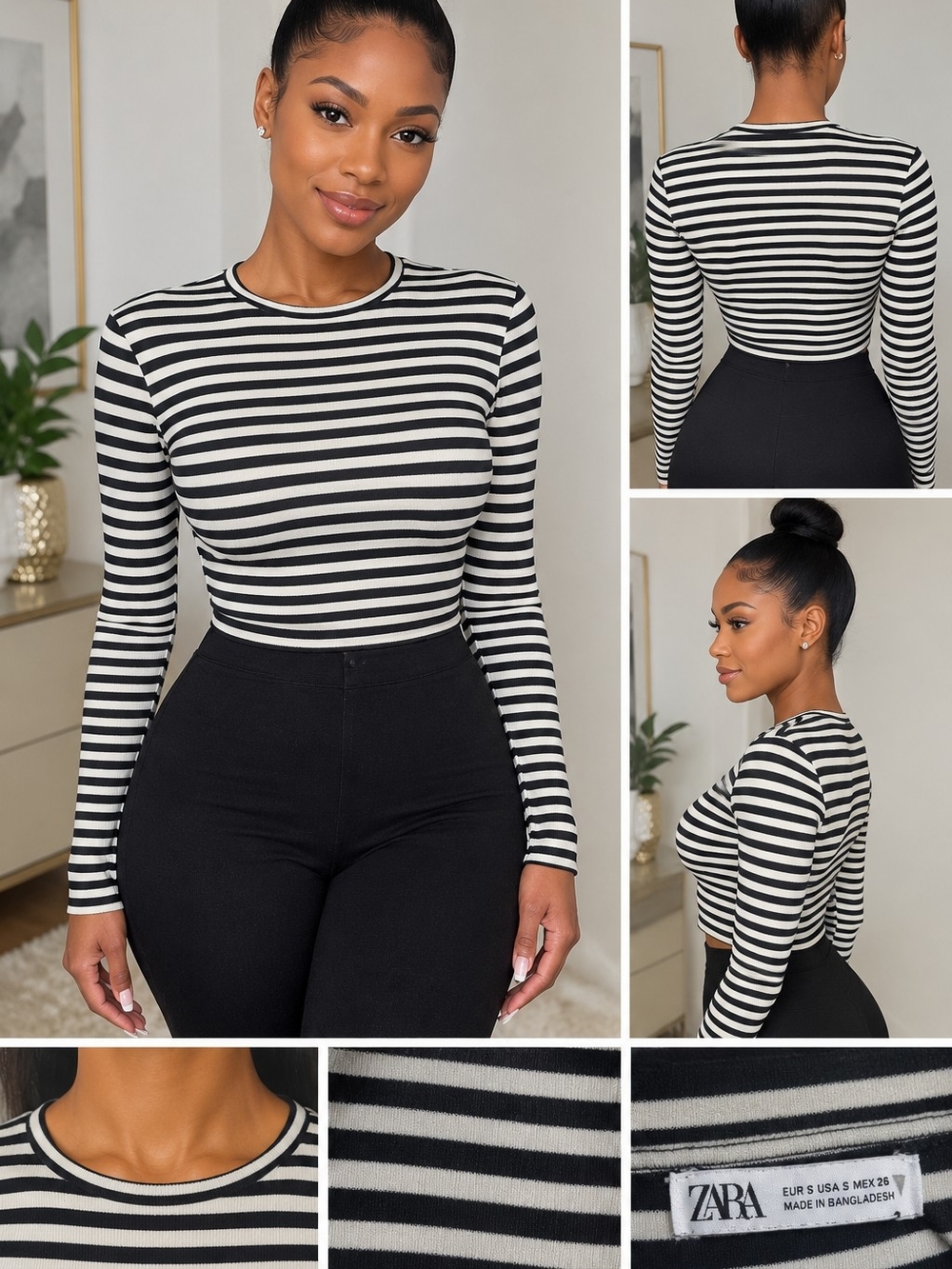 Woman's Size 2 Croped Top ZARA Black & White Striped Long-Sleeve Crewneck Top